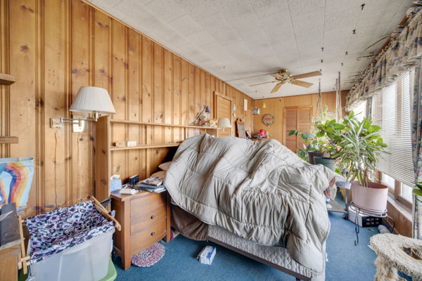 carpeted bedroom with multiple windows, ceiling fan, and wood walls