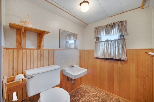 bathroom featuring wooden walls, sink, and toilet