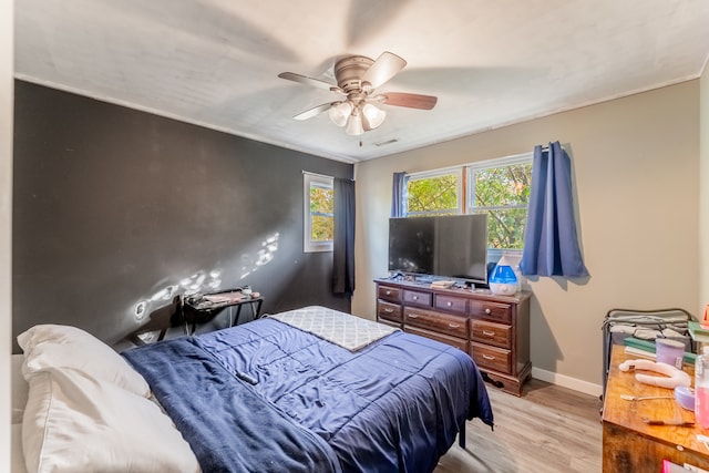 bedroom featuring ceiling fan and light wood-type flooring