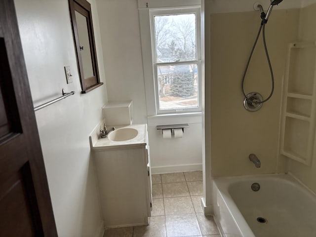 full bath with baseboards, shower / tub combination, tile patterned flooring, and vanity