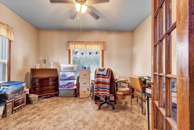 office with carpet flooring, plenty of natural light, and ceiling fan