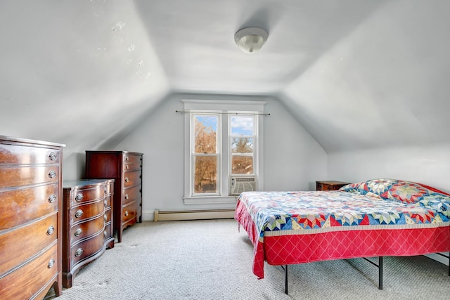 carpeted bedroom featuring cooling unit, a baseboard radiator, and lofted ceiling