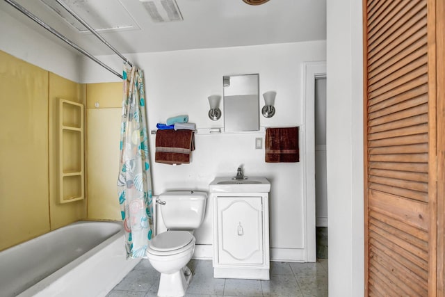 full bathroom featuring tile patterned floors, vanity, shower / bath combination with curtain, and toilet