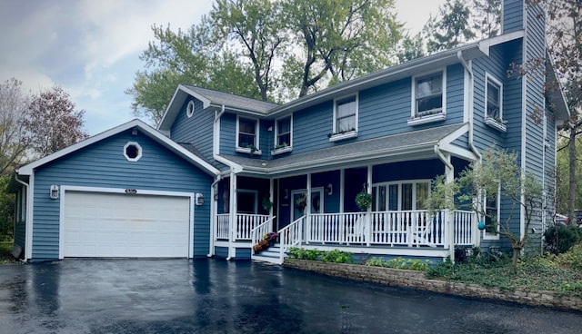 view of front of home with a porch and a garage