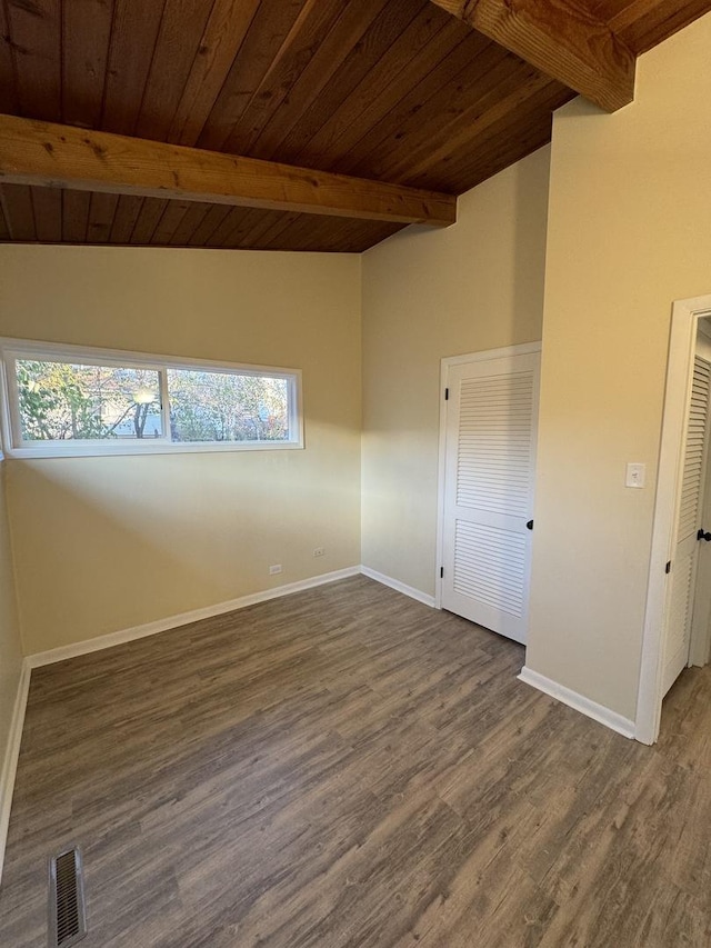 unfurnished room featuring vaulted ceiling with beams, dark wood-type flooring, and wooden ceiling