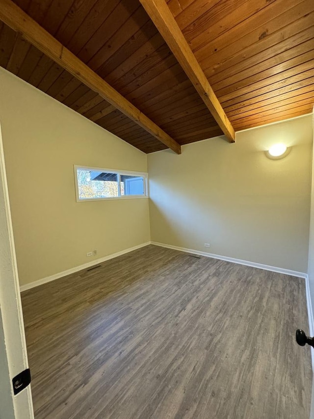 spare room with vaulted ceiling with beams, wood ceiling, and dark hardwood / wood-style floors