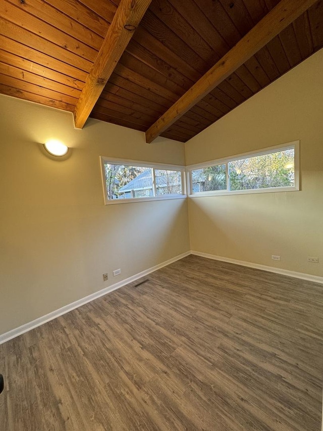 unfurnished room featuring lofted ceiling with beams, a healthy amount of sunlight, and wooden ceiling