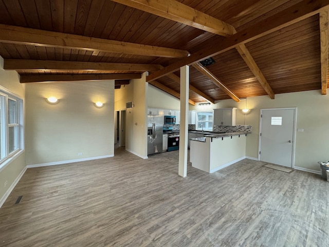 unfurnished living room with wood-type flooring, vaulted ceiling with beams, wooden ceiling, and sink