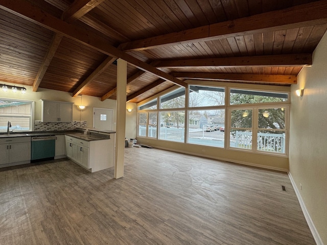 kitchen featuring sink, wood-type flooring, wooden ceiling, dishwasher, and vaulted ceiling with beams