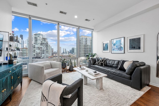 living room with floor to ceiling windows and wood-type flooring