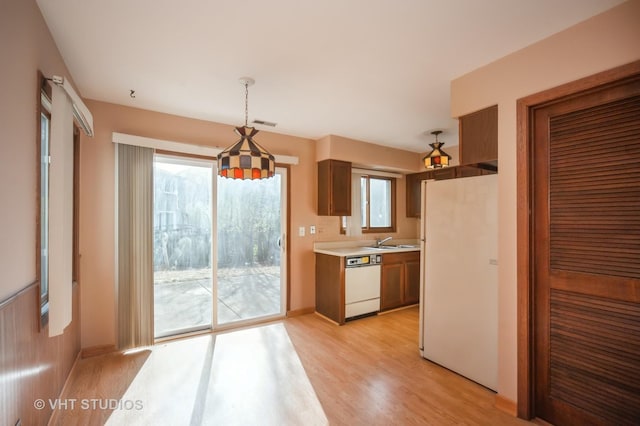 kitchen with a wealth of natural light, light hardwood / wood-style flooring, hanging light fixtures, and white appliances