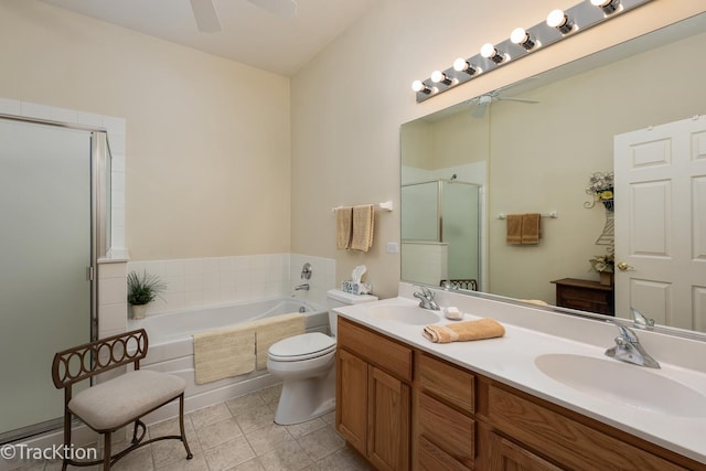 bathroom featuring a sink, a shower stall, a bath, and ceiling fan