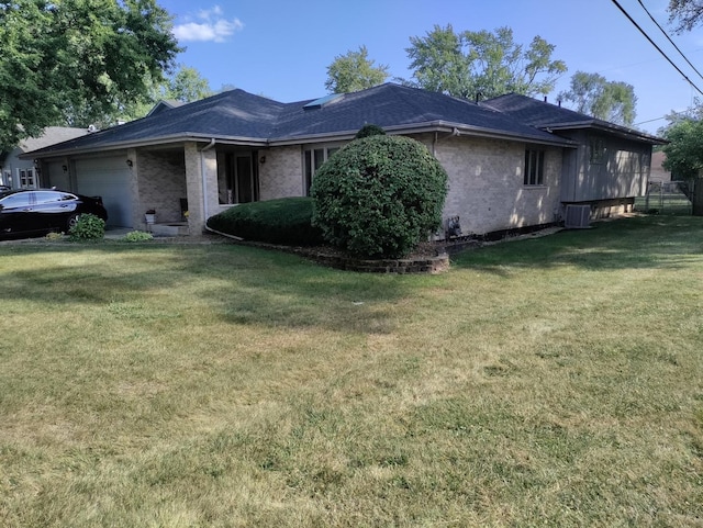 view of property exterior featuring a garage, cooling unit, and a lawn