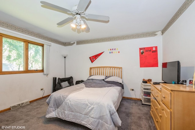 carpeted bedroom with ceiling fan