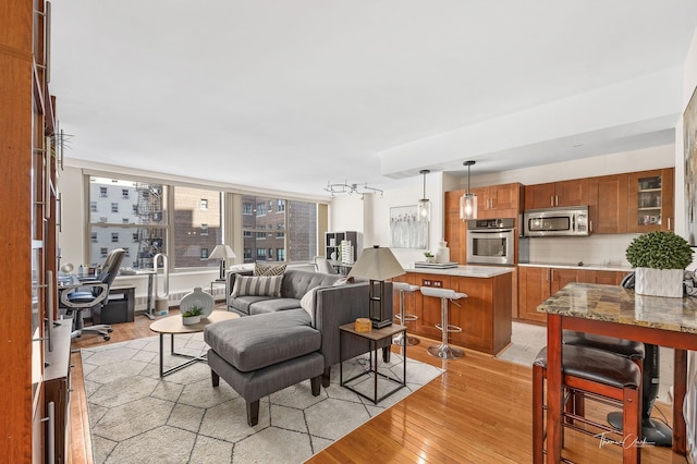 living room featuring light hardwood / wood-style floors and a chandelier