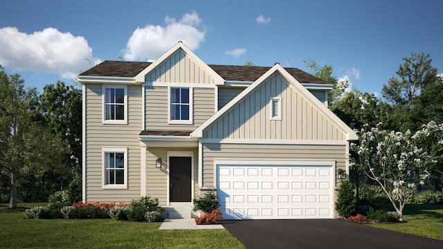 view of front of home featuring a shingled roof, a garage, board and batten siding, a front lawn, and driveway