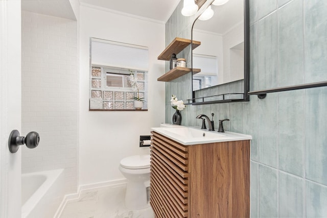 full bathroom featuring decorative backsplash, ornamental molding, bathtub / shower combination, vanity, and toilet