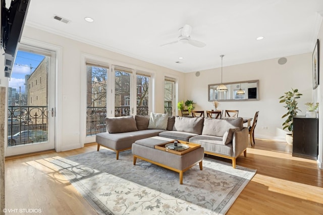 living room featuring light hardwood / wood-style floors, ceiling fan, and ornamental molding