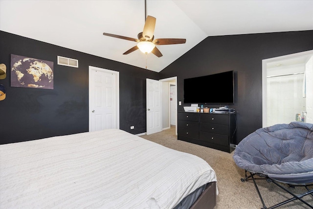 bedroom featuring carpet, ceiling fan, and vaulted ceiling