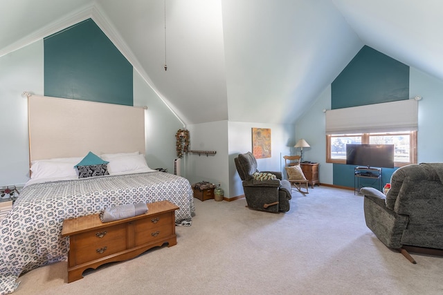 carpeted bedroom with vaulted ceiling