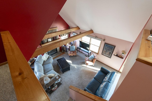 living room with carpet and vaulted ceiling