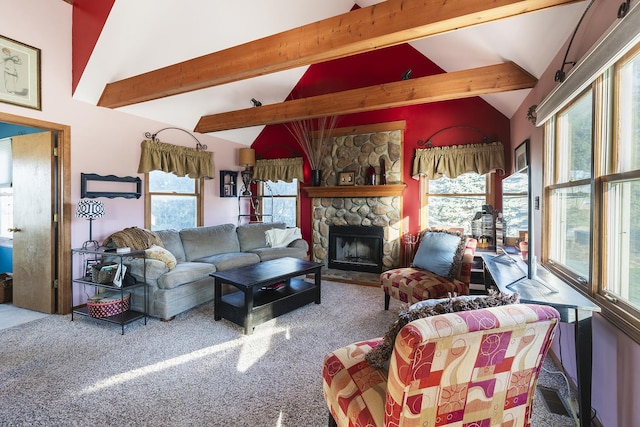 living room featuring lofted ceiling with beams and a wealth of natural light