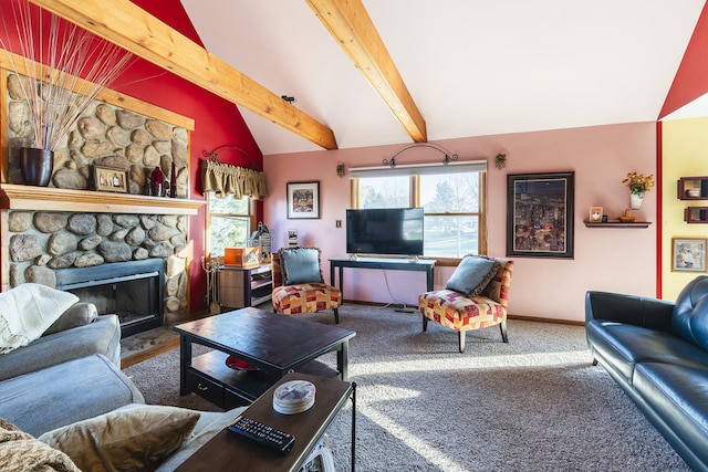 carpeted living room with lofted ceiling with beams and a stone fireplace