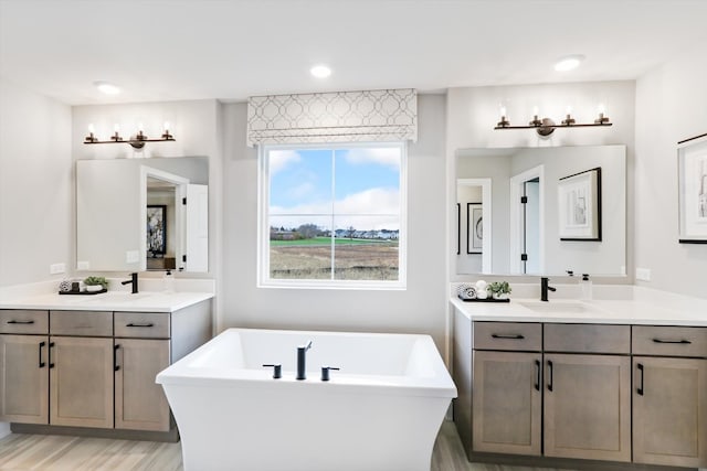 bathroom with a bathing tub, vanity, and hardwood / wood-style flooring