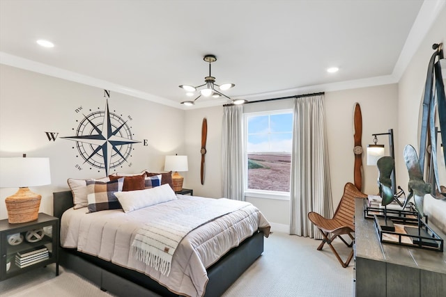 bedroom featuring carpet flooring, crown molding, and a notable chandelier