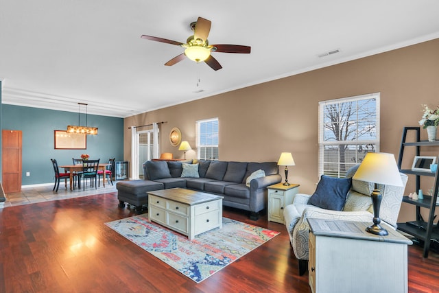 living room with ceiling fan with notable chandelier, dark hardwood / wood-style flooring, and crown molding