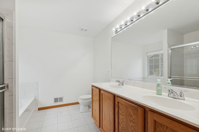 full bathroom with toilet, vanity, tile patterned floors, and plus walk in shower