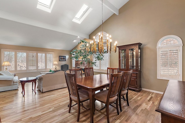 dining space featuring plenty of natural light, light hardwood / wood-style flooring, high vaulted ceiling, and a skylight