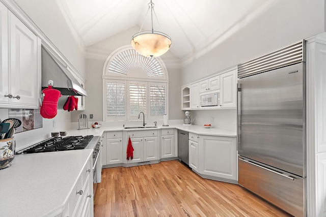 kitchen with sink, light hardwood / wood-style flooring, built in appliances, pendant lighting, and vaulted ceiling