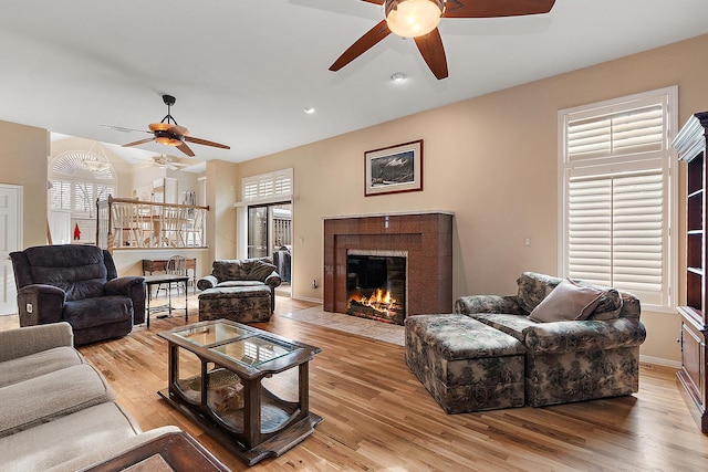 living room featuring a fireplace and light wood-type flooring