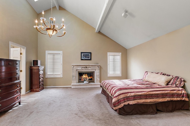 carpeted bedroom with beamed ceiling, high vaulted ceiling, a notable chandelier, and a tiled fireplace