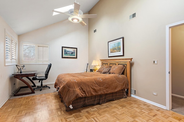 bedroom featuring ceiling fan, light parquet floors, and high vaulted ceiling