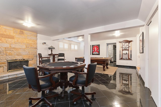 game room featuring a fireplace and billiards