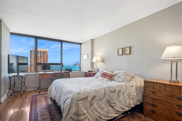 bedroom featuring expansive windows and hardwood / wood-style flooring