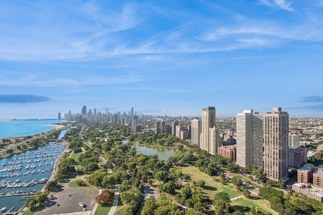 drone / aerial view featuring a water view