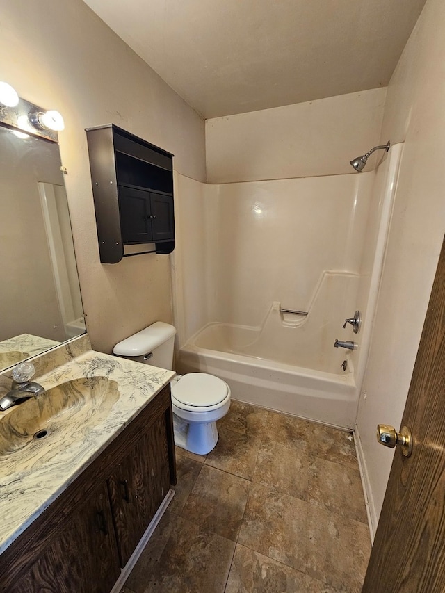 full bathroom with toilet, vanity, and bathing tub / shower combination