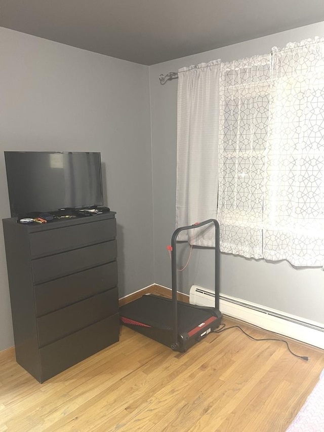 workout room featuring light hardwood / wood-style floors