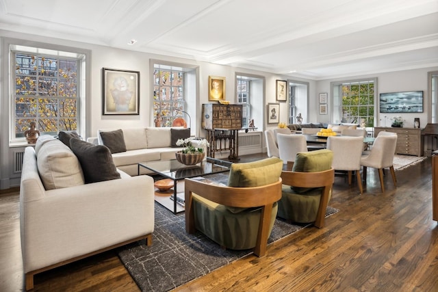 living room with beamed ceiling, crown molding, and dark wood-type flooring