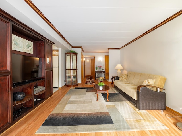 living room featuring crown molding and light wood-type flooring