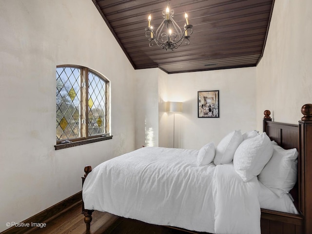 bedroom featuring a notable chandelier, crown molding, wood ceiling, dark hardwood / wood-style flooring, and lofted ceiling