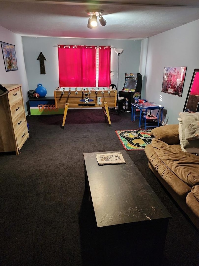 living room with dark colored carpet