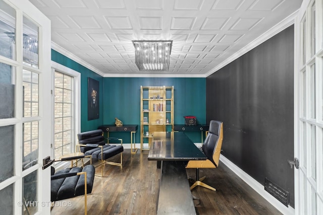 office with a chandelier, wood-type flooring, crown molding, and french doors