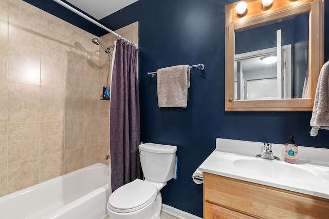 full bathroom with shower / bath combo, vanity, and toilet