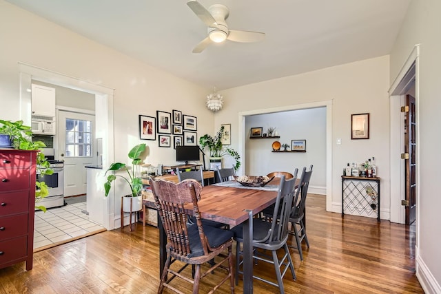 dining space with ceiling fan and light hardwood / wood-style floors