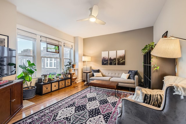 living room featuring ceiling fan and light hardwood / wood-style floors