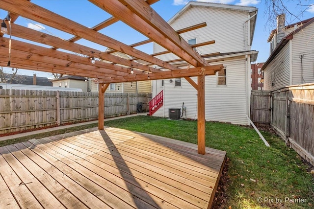 wooden terrace with a lawn, a pergola, and central air condition unit